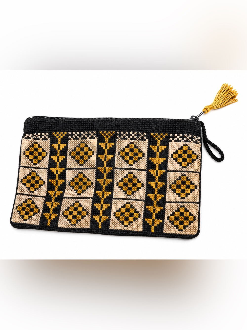Handwoven Black and Beige Crossbody Bag with Mustard Embroidery